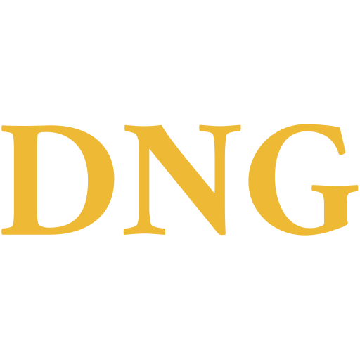 Gold "DNG" text on black background.