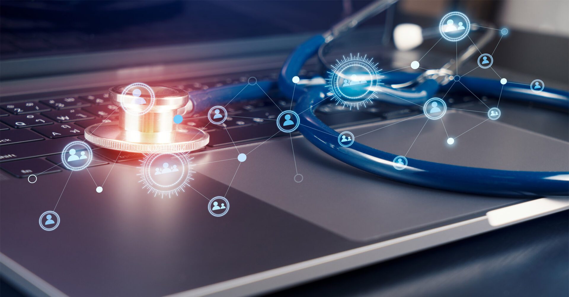 Social media improvement - a stethoscope on a laptop with holographic images showing