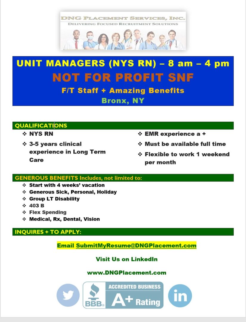 Unit Managers (NYS RN) Not For Profit SNF