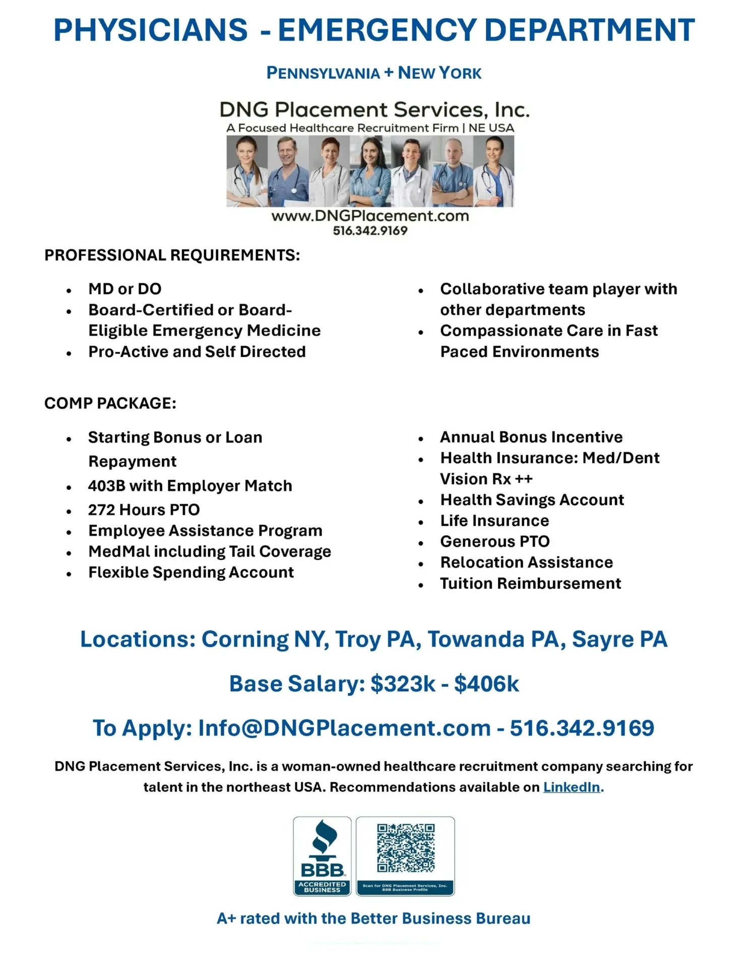 Emergency department physician job advertisement flyer.