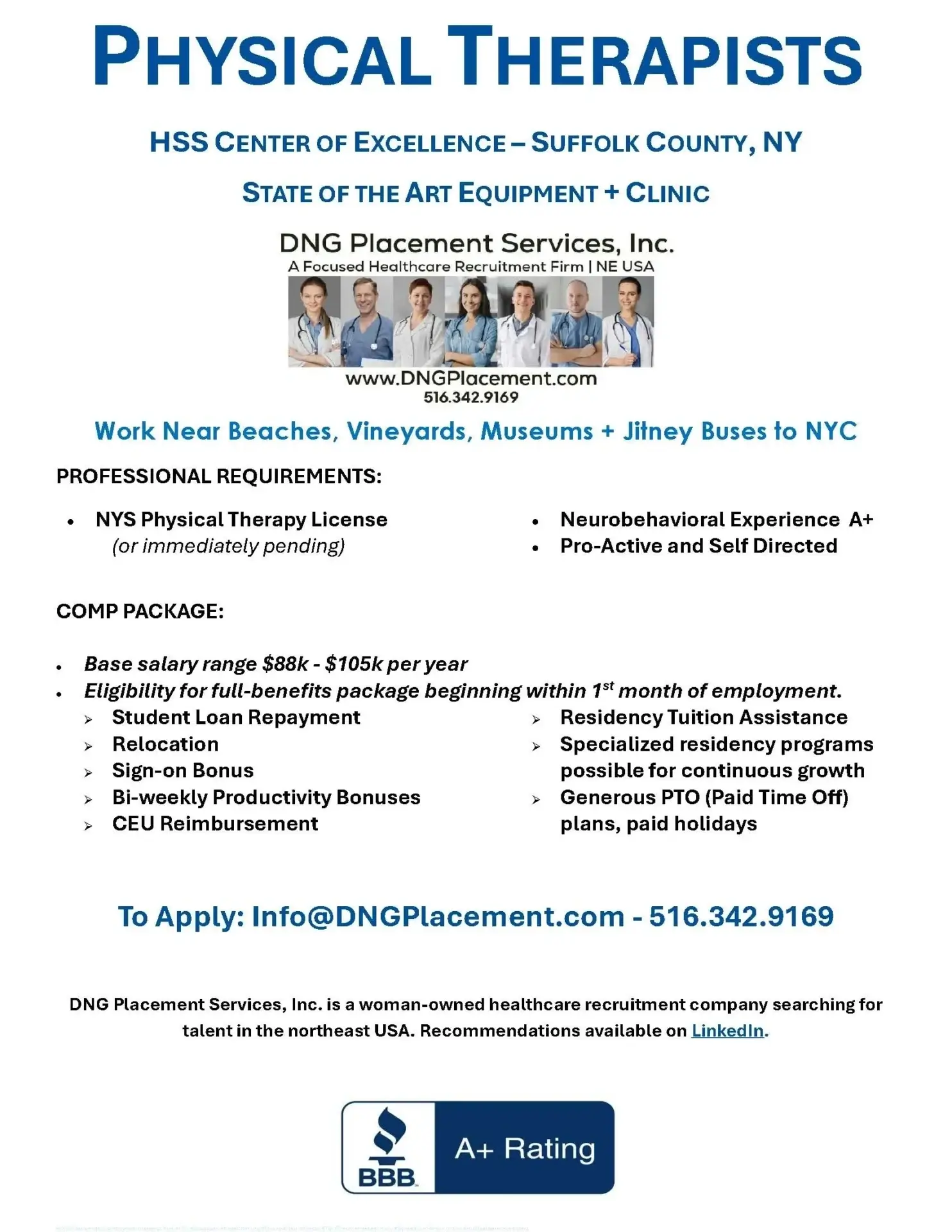 Physical therapist job advertisement with contact details.