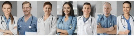 Group of smiling healthcare professionals in uniforms.
